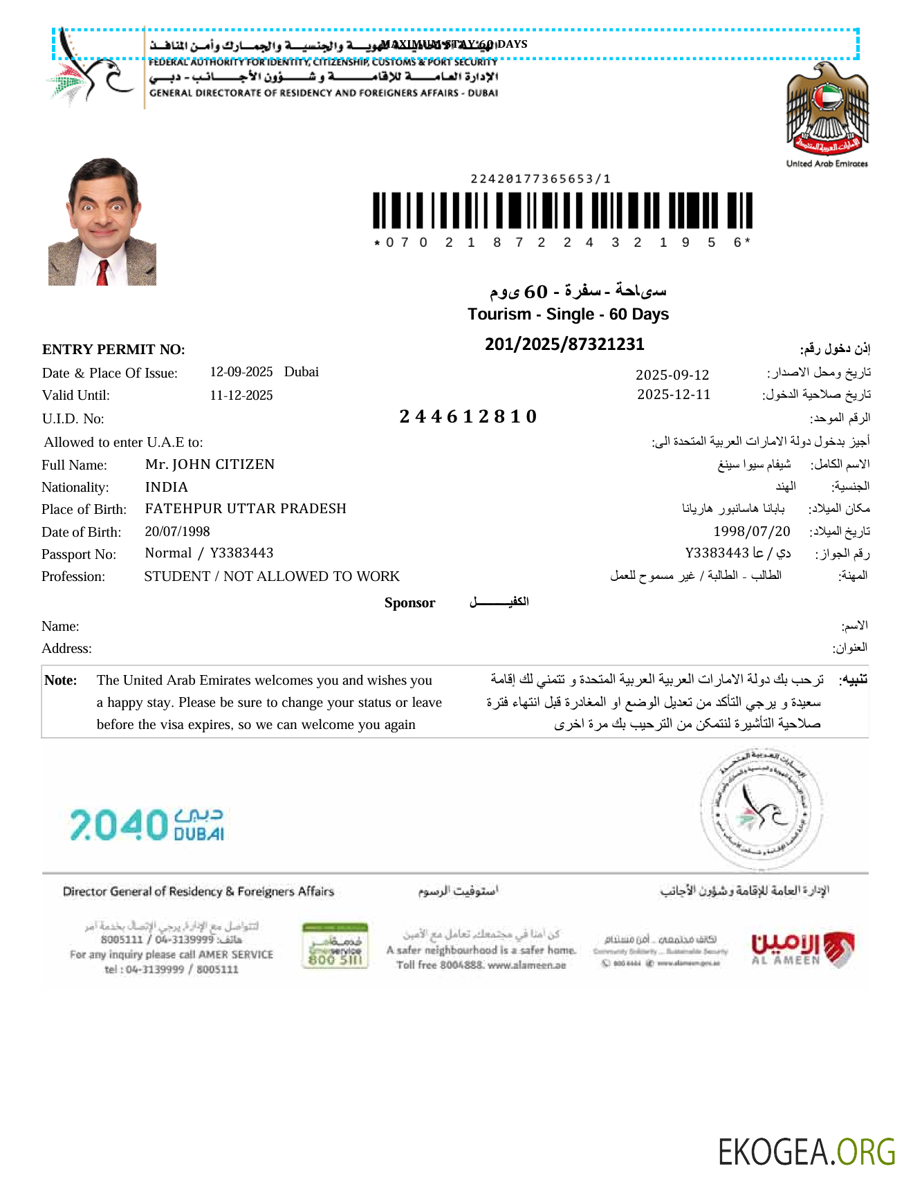 Modèle de visa électronique des Émirats arabes unis aux formats Word et PDF, version 3